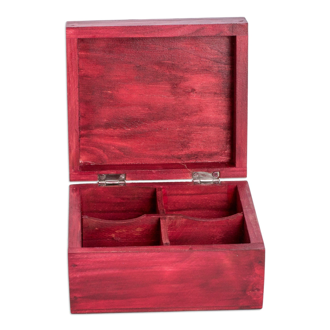 Hand-Painted Tropical-Themed Red Pinewood Tea Box - Sweet Richness