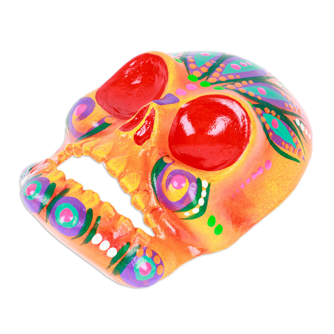 Hand-Painted Orange Recycled Cardboard Skull Mask - Orange Underworld