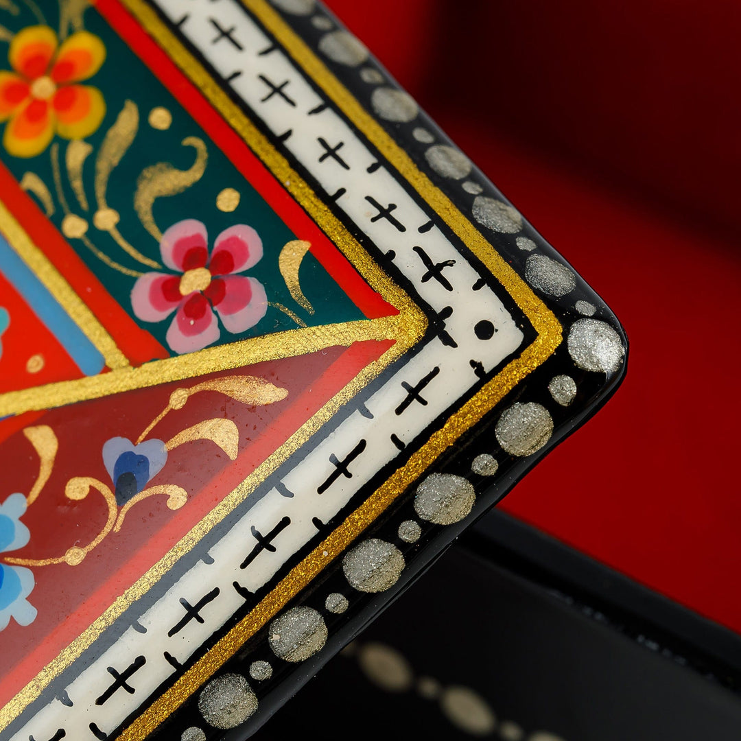 Lacquered Hand-Painted Papier Mache Floral Jewelry Box - Uzbek Flora