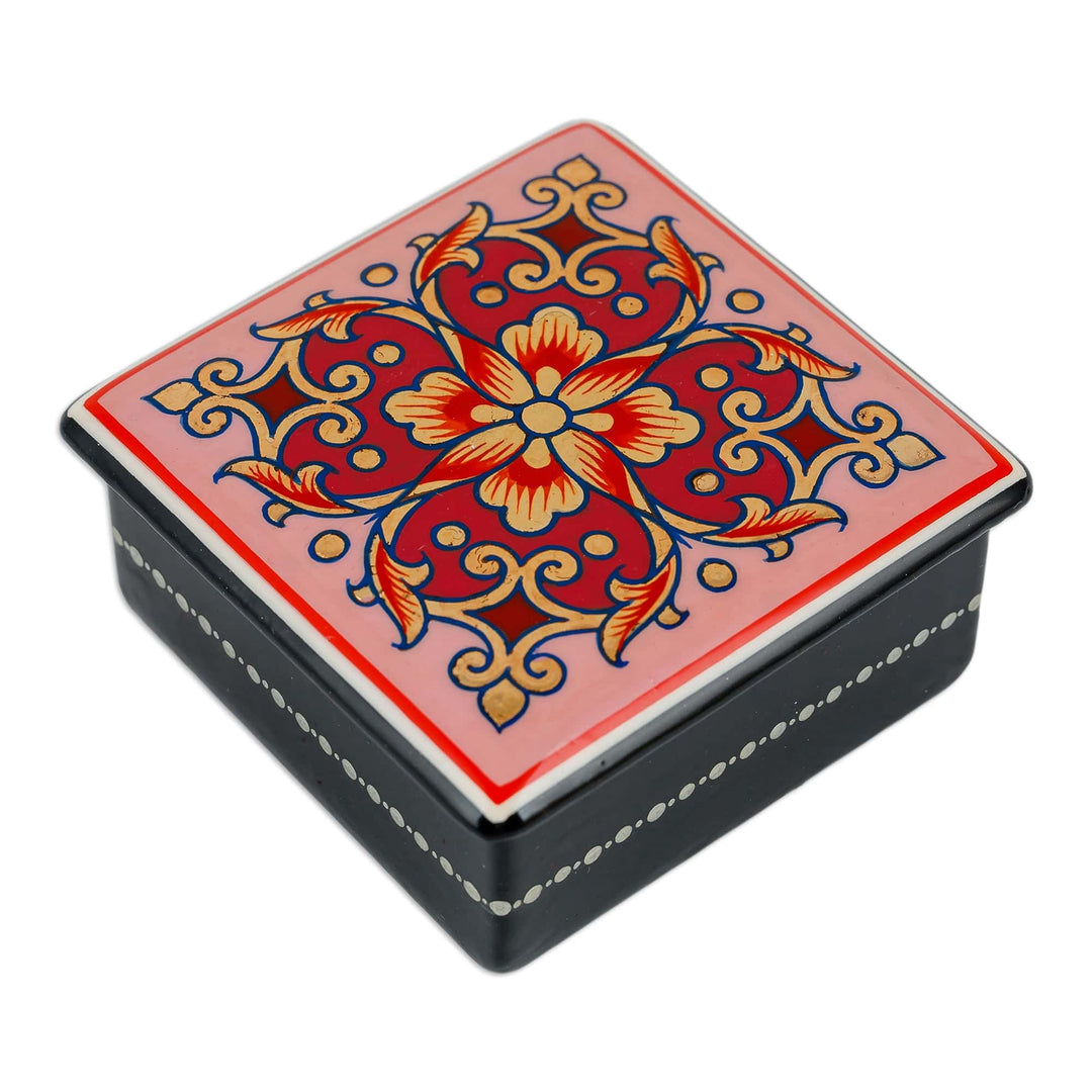 Lacquered Hand-Painted Pink Papier Mache Floral Jewelry Box - Pink Floral Splendor