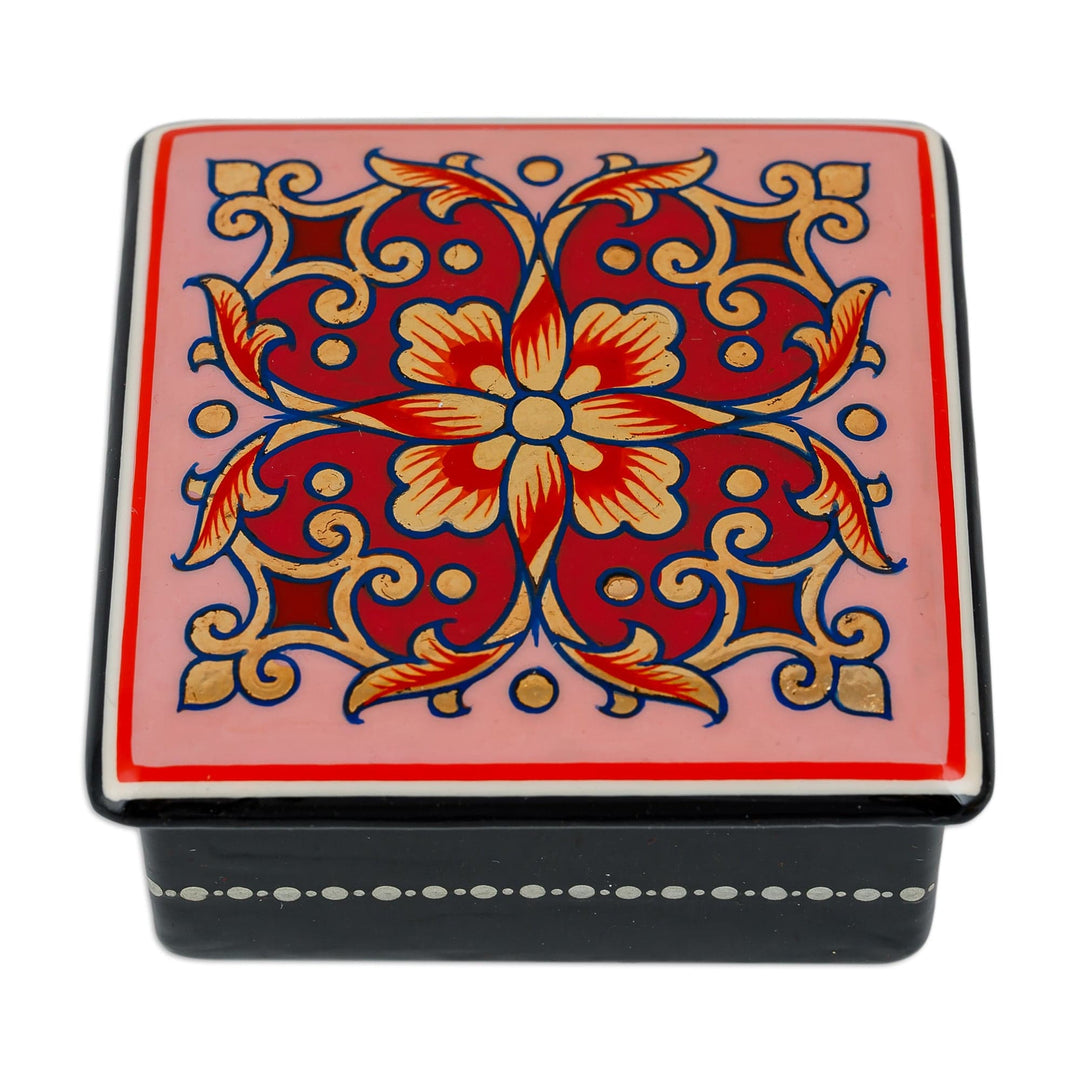 Lacquered Hand-Painted Pink Papier Mache Floral Jewelry Box - Pink Floral Splendor