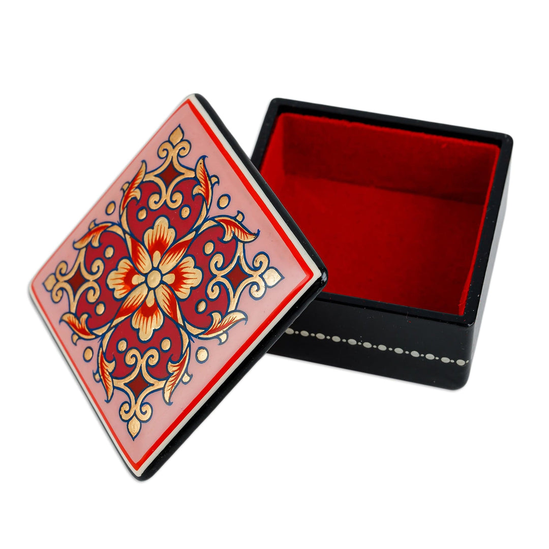 Lacquered Hand-Painted Pink Papier Mache Floral Jewelry Box - Pink Floral Splendor