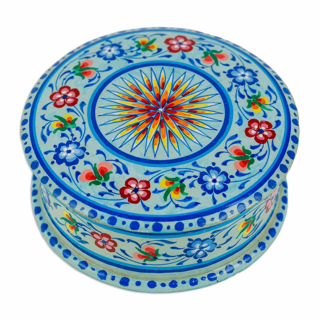 Lacquered Hand-Painted Round Blue Papier Mache Jewelry Box - Blooms in Blue