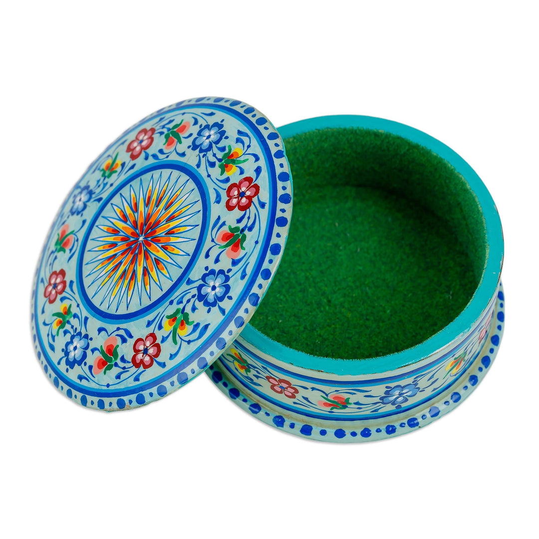 Lacquered Hand-Painted Round Blue Papier Mache Jewelry Box - Blooms in Blue
