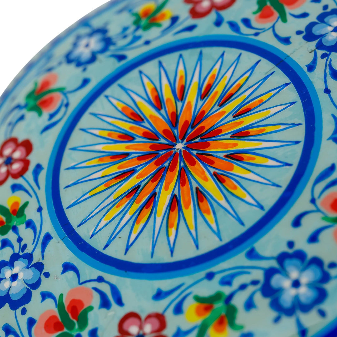 Lacquered Hand-Painted Round Blue Papier Mache Jewelry Box - Blooms in Blue