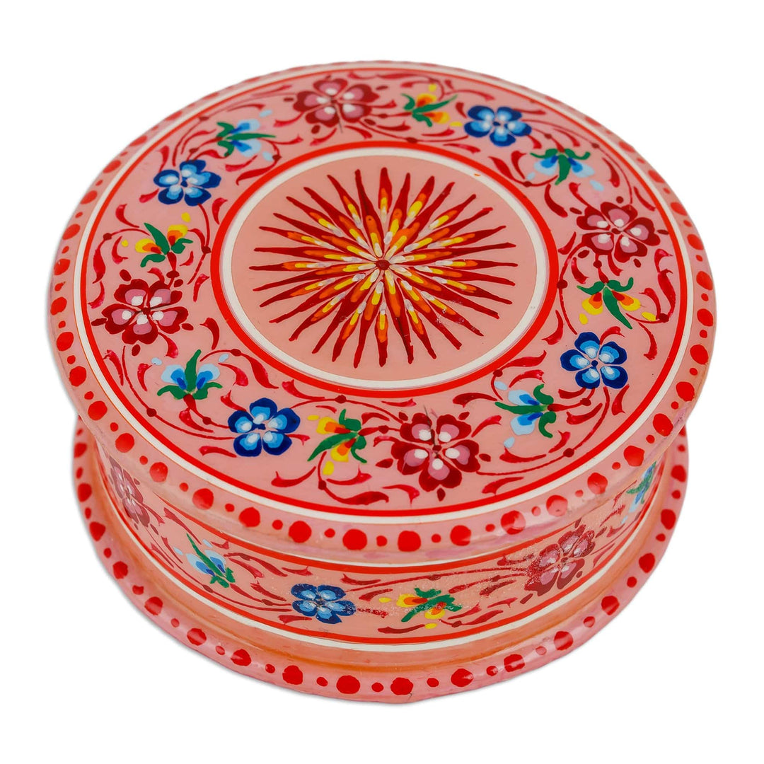 Lacquered Hand-Painted Round Papier Mache Floral Jewelry Box - Blooms in Pink