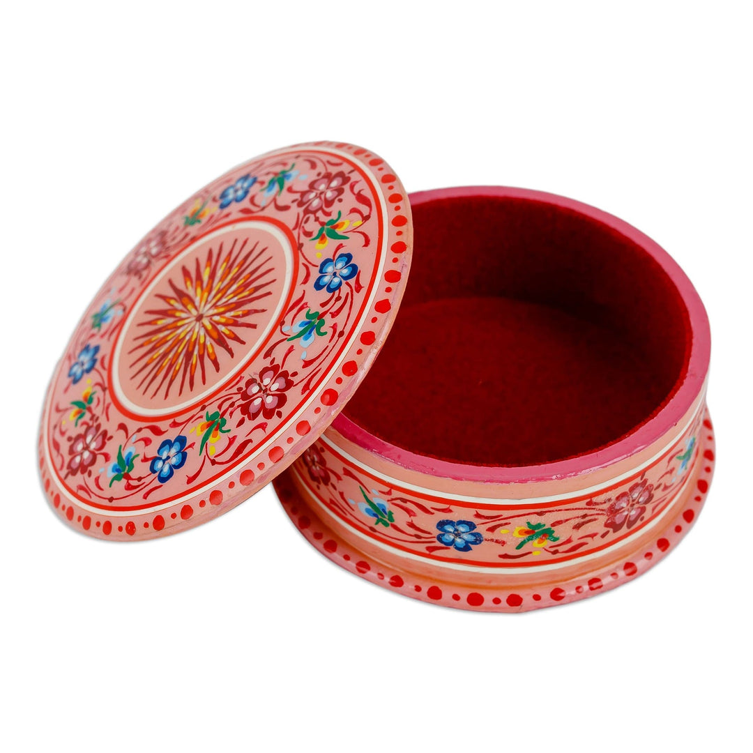 Lacquered Hand-Painted Round Papier Mache Floral Jewelry Box - Blooms in Pink