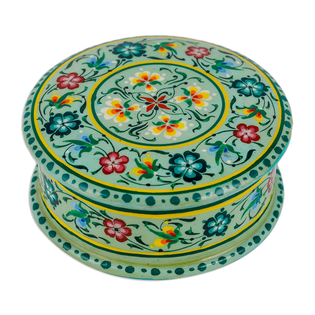 Lacquered Hand-Painted Green Papier Mache Floral Jewelry Box - Green Bouquet