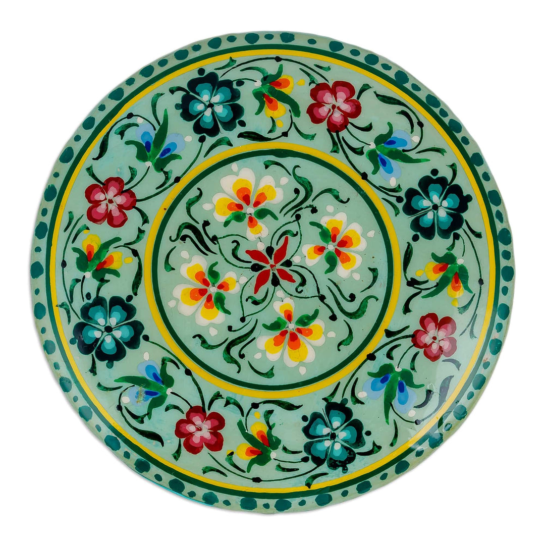 Lacquered Hand-Painted Green Papier Mache Floral Jewelry Box - Green Bouquet
