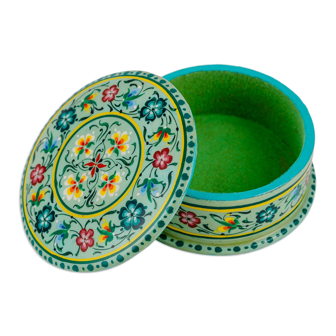 Lacquered Hand-Painted Green Papier Mache Floral Jewelry Box - Green Bouquet