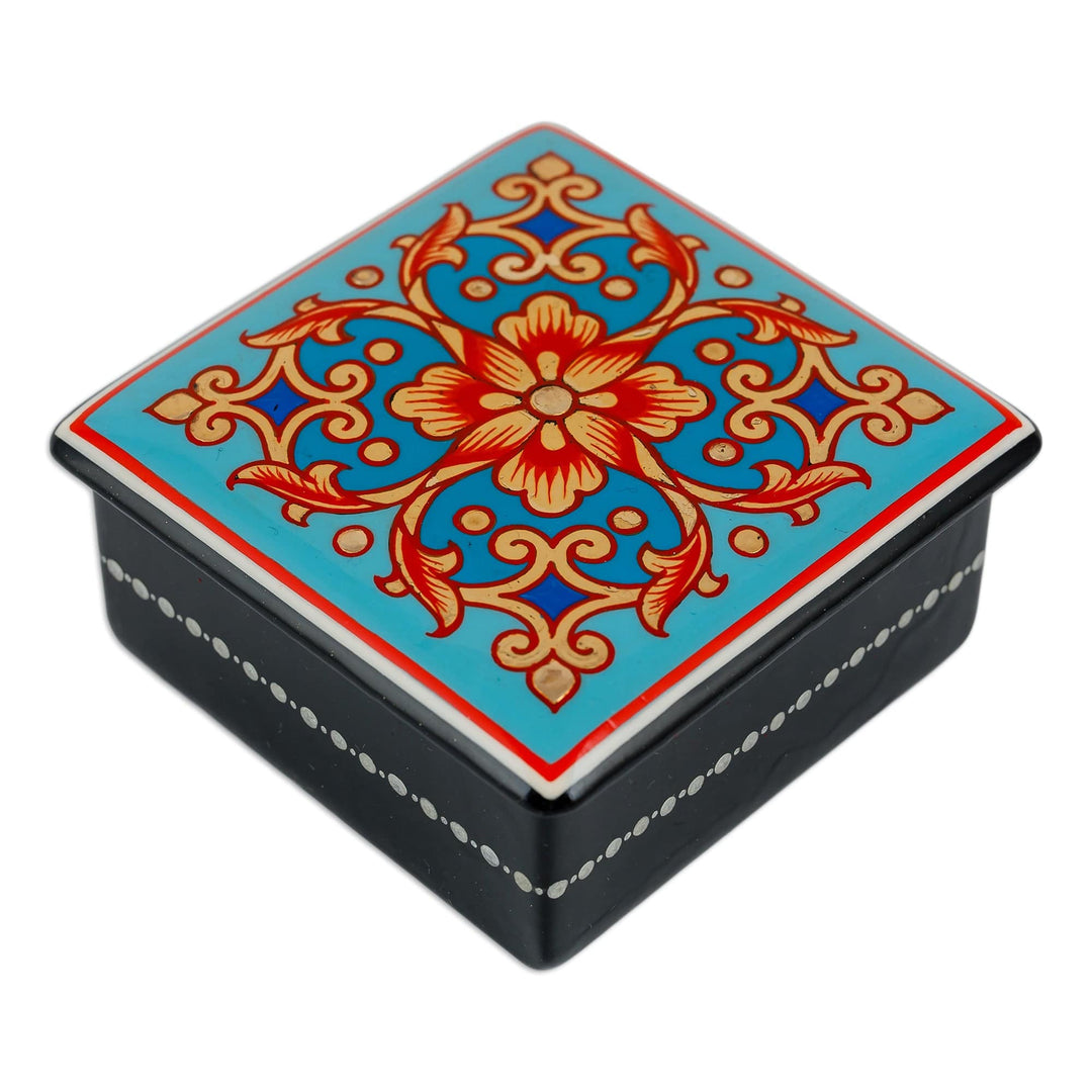 Lacquered Hand-Painted Blue Papier Mache Floral Jewelry Box - Blue Floral Splendor