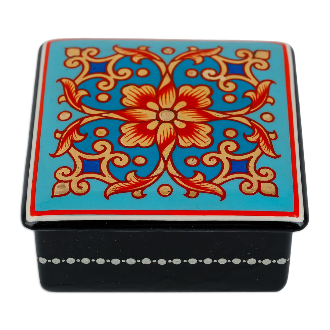 Lacquered Hand-Painted Blue Papier Mache Floral Jewelry Box - Blue Floral Splendor