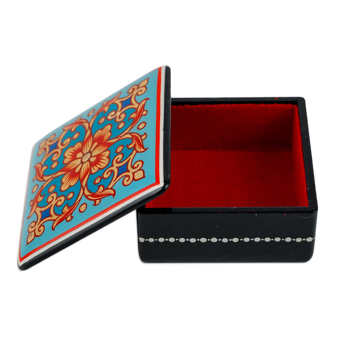 Lacquered Hand-Painted Blue Papier Mache Floral Jewelry Box - Blue Floral Splendor