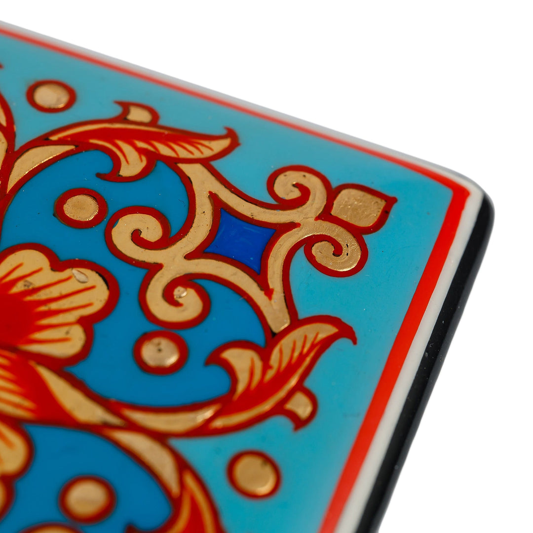 Lacquered Hand-Painted Blue Papier Mache Floral Jewelry Box - Blue Floral Splendor