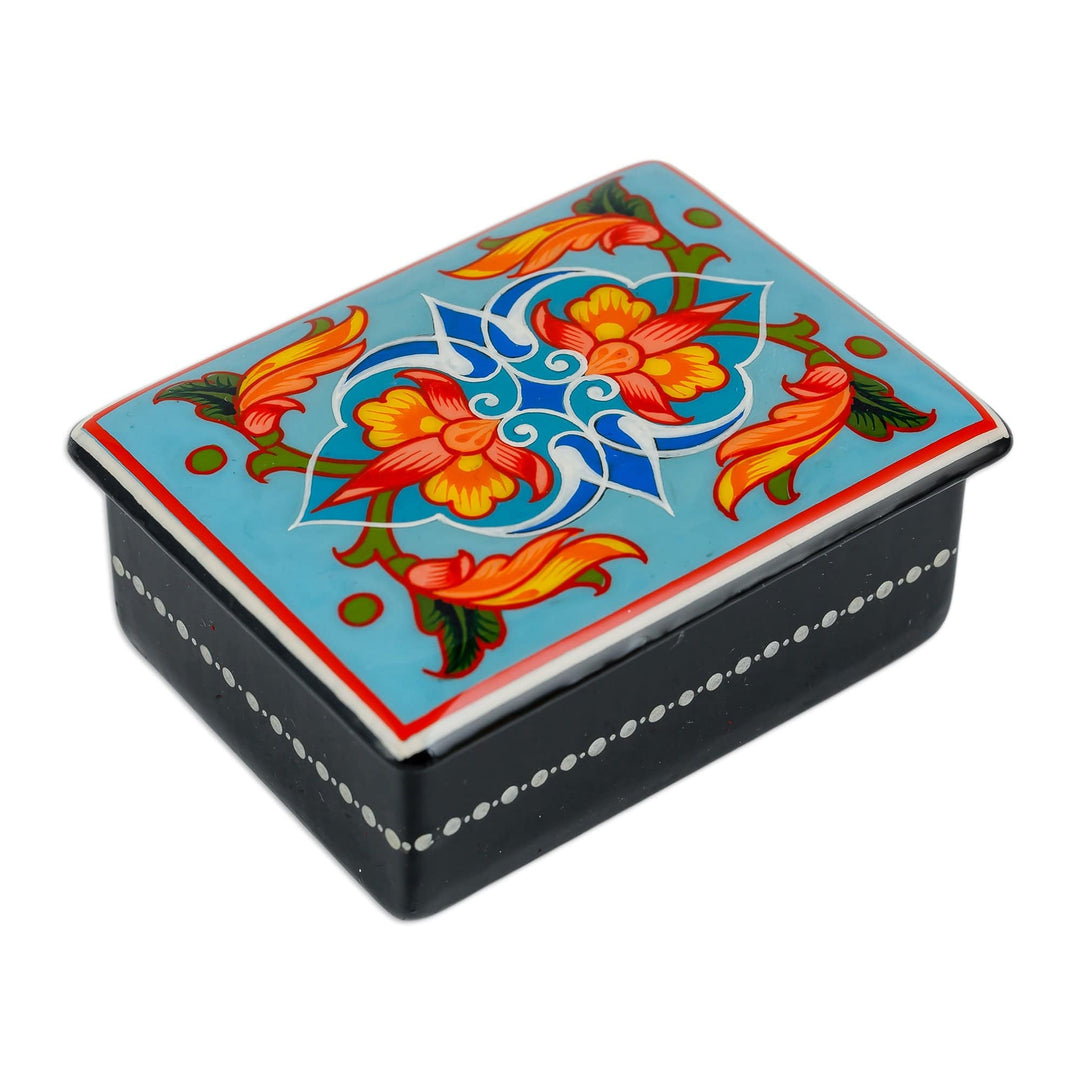 Lacquered Hand-Painted Floral Leaf Papier Mache Jewelry Box - Colorful Flowers