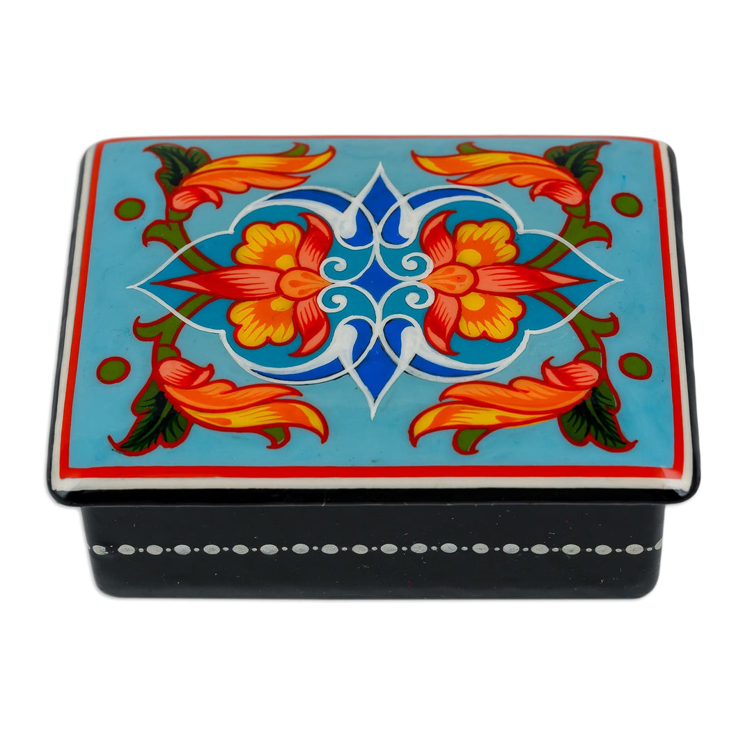 Lacquered Hand-Painted Floral Leaf Papier Mache Jewelry Box - Colorful Flowers