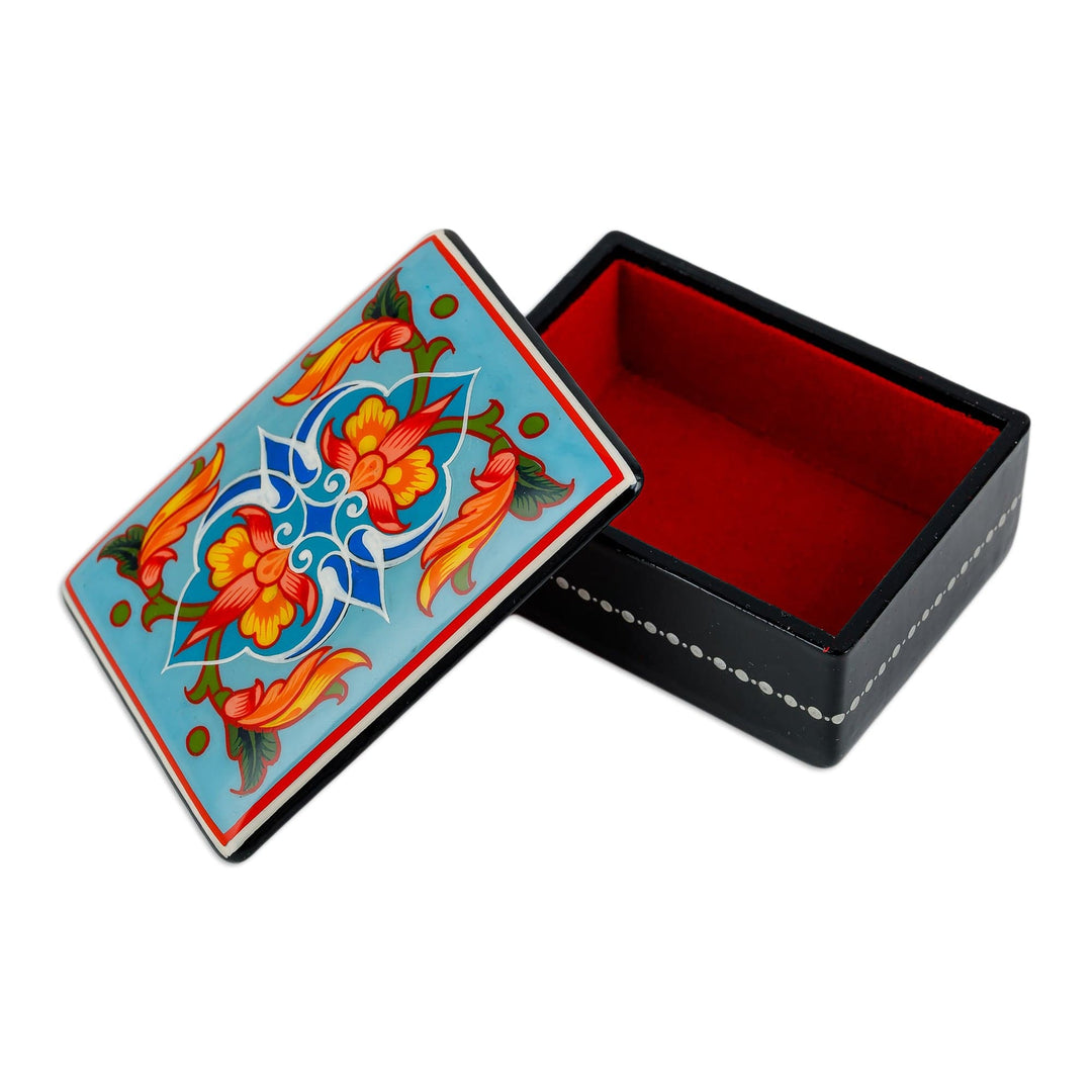 Lacquered Hand-Painted Floral Leaf Papier Mache Jewelry Box - Colorful Flowers