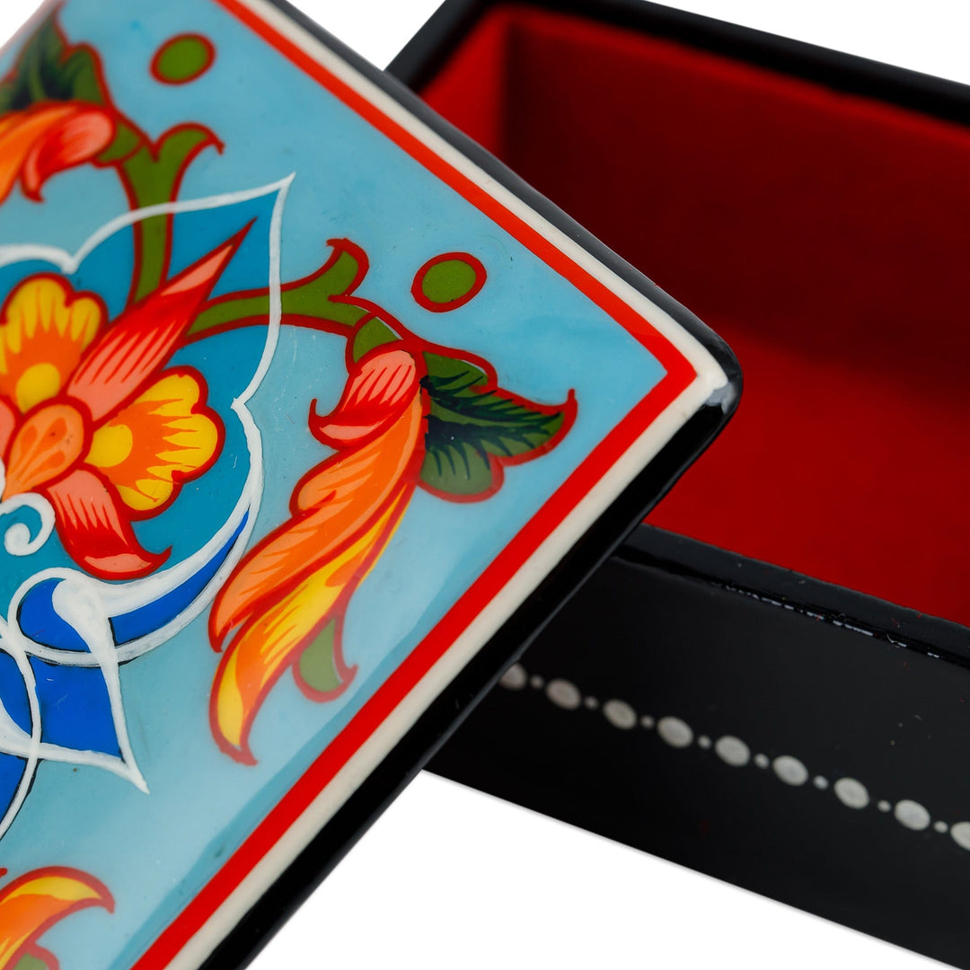 Lacquered Hand-Painted Floral Leaf Papier Mache Jewelry Box - Colorful Flowers