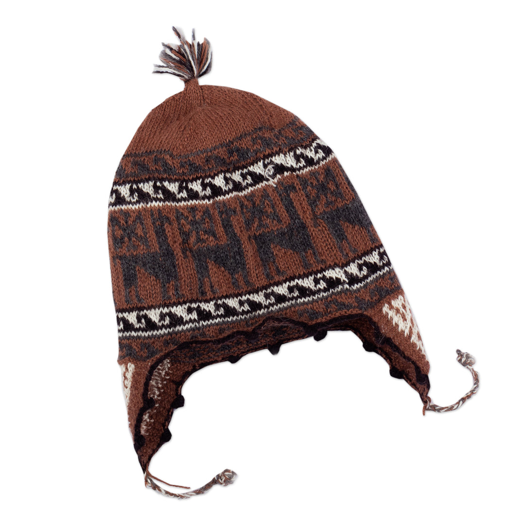 Alpaca Blend Chullo Hat with Llama Patterns in Redwood Hues - Llama Silhouette in Redwood