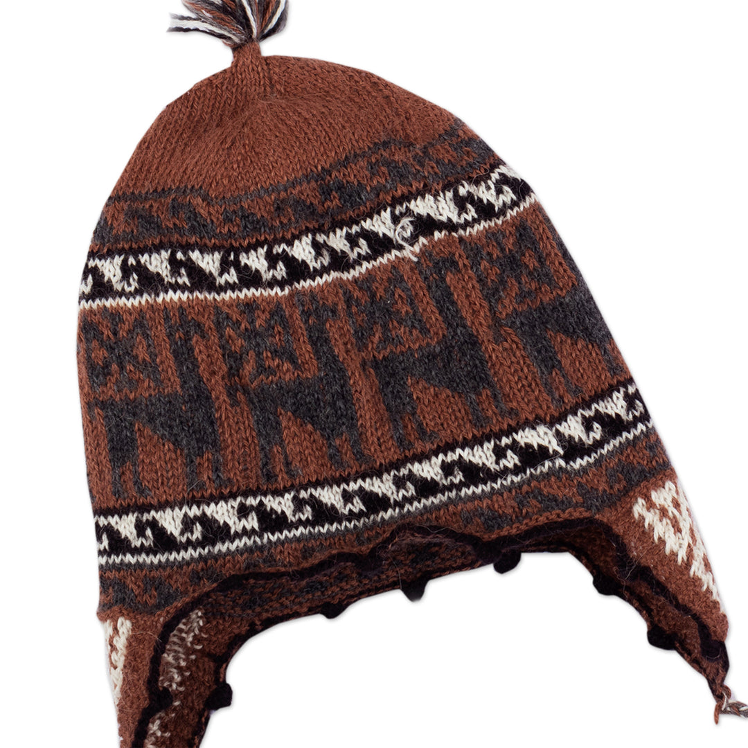 Alpaca Blend Chullo Hat with Llama Patterns in Redwood Hues - Llama Silhouette in Redwood