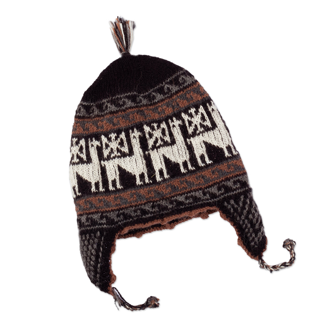 Alpaca Blend Chullo Hat with Llama Patterns in Black Hues - Llama Silhouette in Black