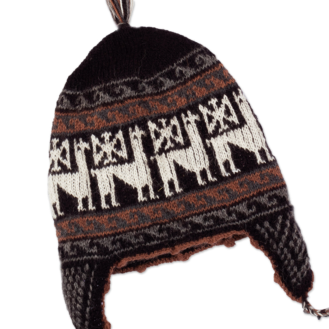 Alpaca Blend Chullo Hat with Llama Patterns in Black Hues - Llama Silhouette in Black
