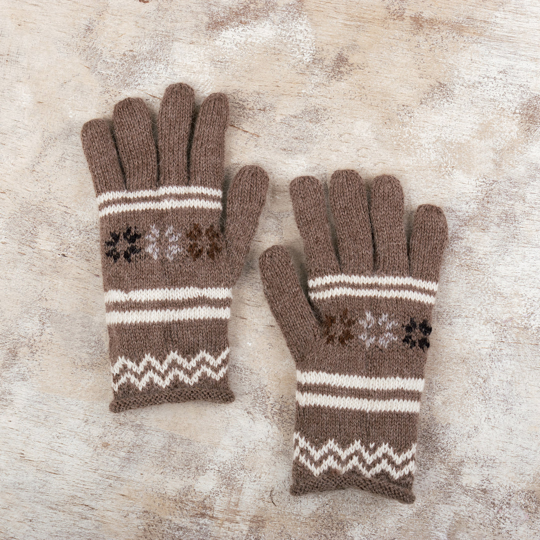 Handwoven Light Taupe and Ivory Alpaca Blend Gloves - Taupe Scapes