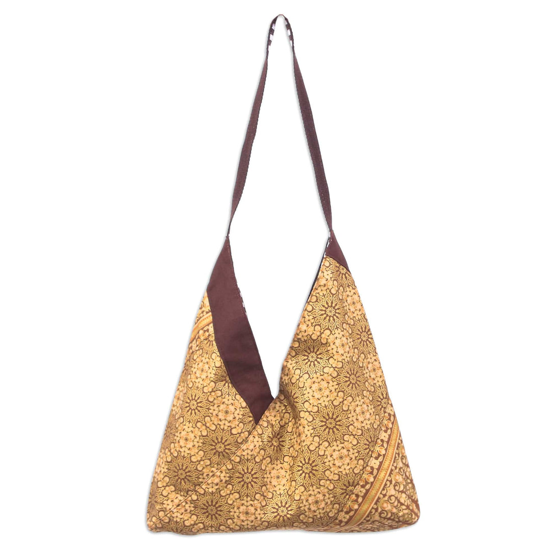 Handmade Patterned Golden and Brown Cotton Shoulder Bag - Golden Days
