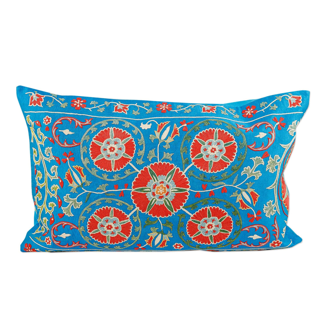 Suzani Embroidered Floral Blue Silk Cushion Cover - Silk Spring
