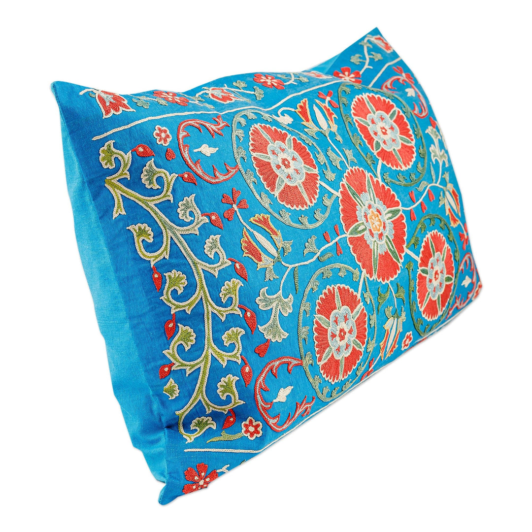 Suzani Embroidered Floral Blue Silk Cushion Cover - Silk Spring