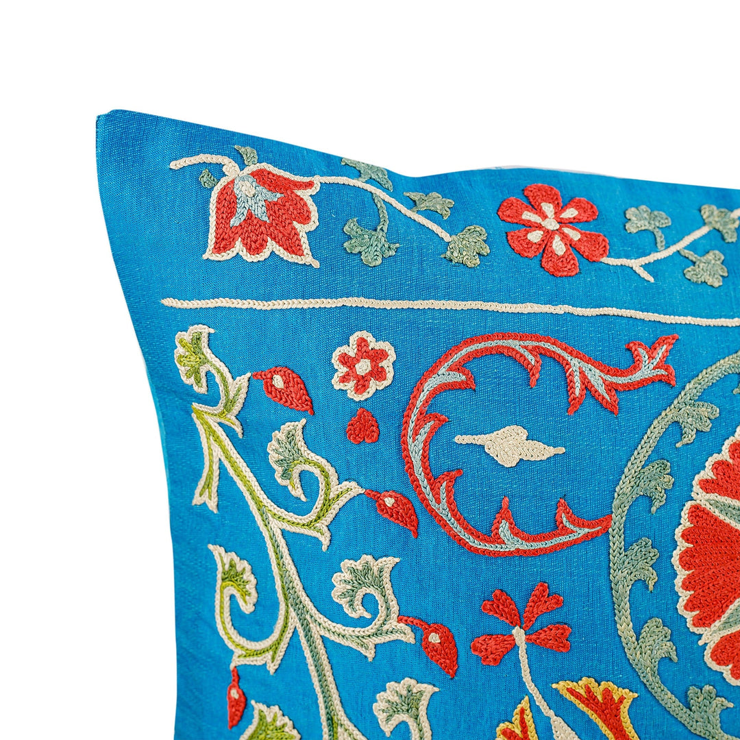 Suzani Embroidered Floral Blue Silk Cushion Cover - Silk Spring