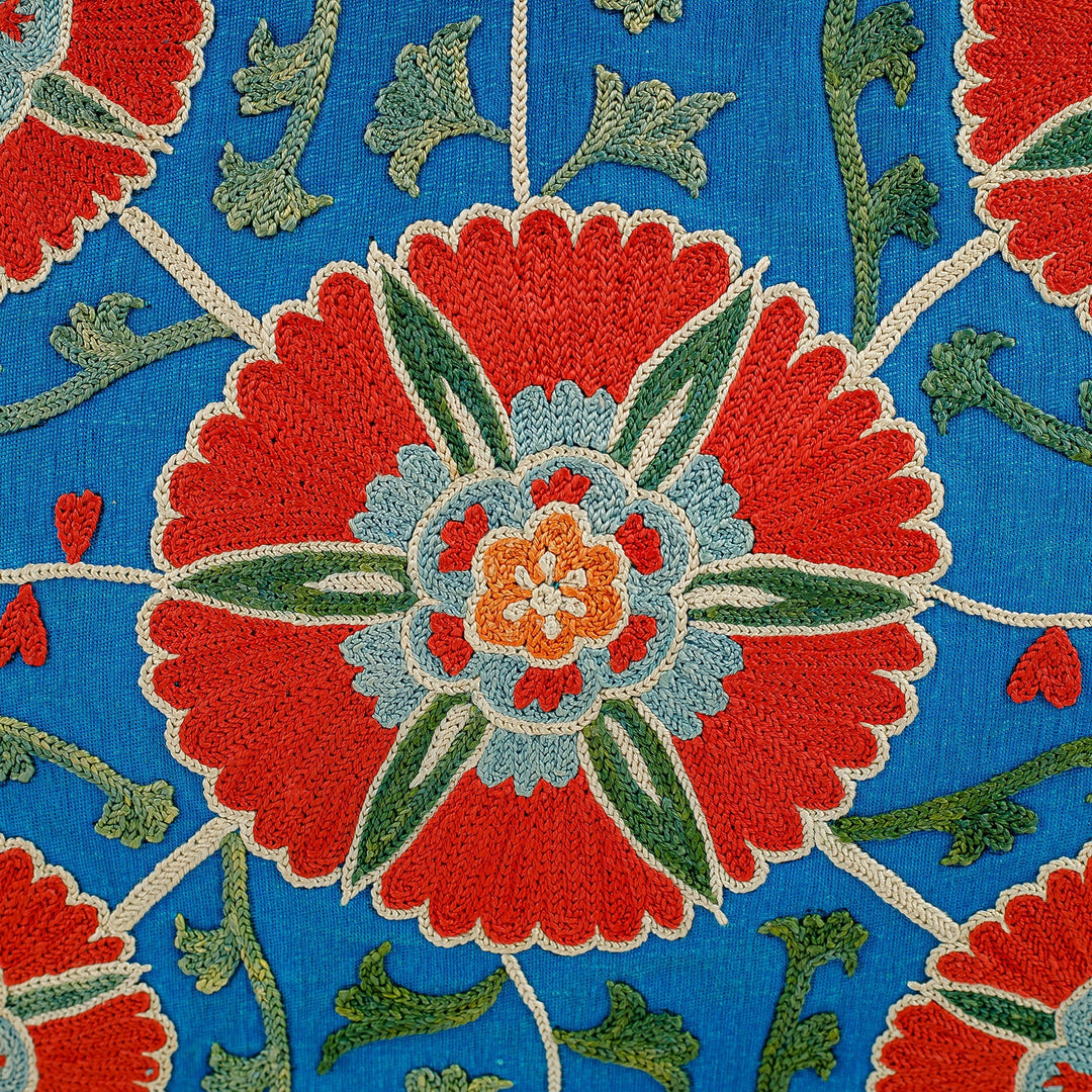 Suzani Embroidered Floral Blue Silk Cushion Cover - Silk Spring
