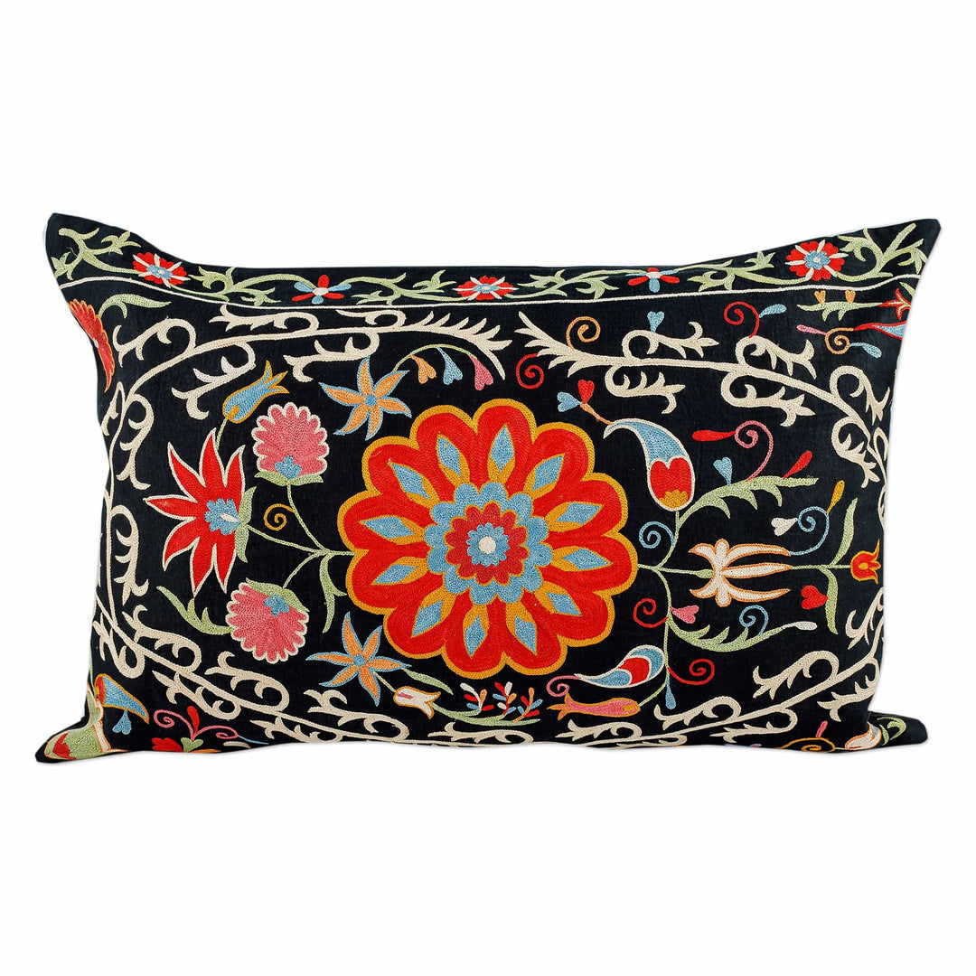 Suzani Embroidered Floral Silk Cushion Cover in Black - Midnight in Eden