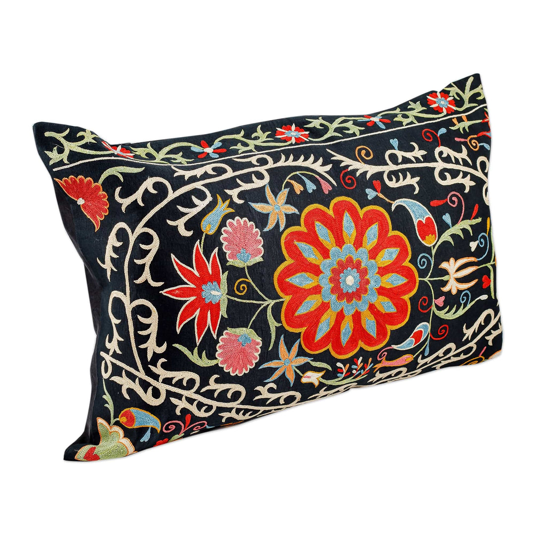 Suzani Embroidered Floral Silk Cushion Cover in Black - Midnight in Eden
