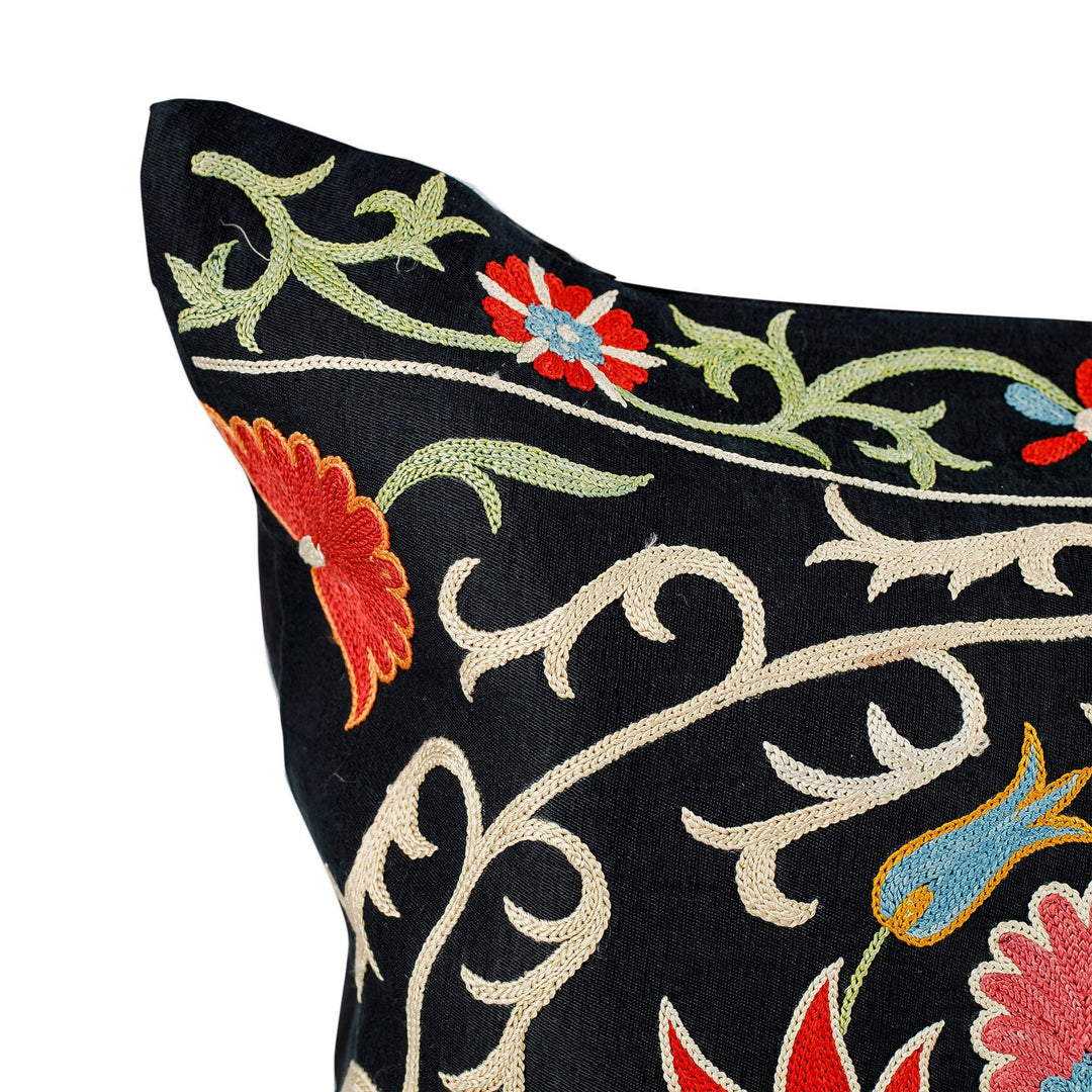 Suzani Embroidered Floral Silk Cushion Cover in Black - Midnight in Eden