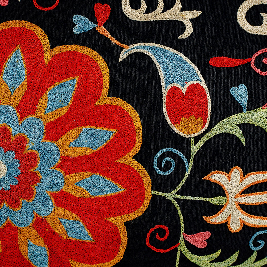 Suzani Embroidered Floral Silk Cushion Cover in Black - Midnight in Eden