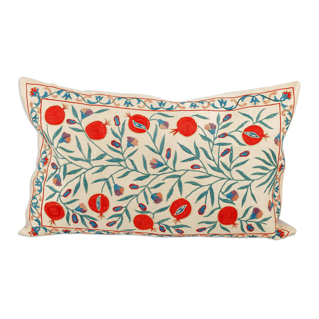 Pomegranate-Themed Beige Silk and Cotton Cushion Cover - Beige Auguries