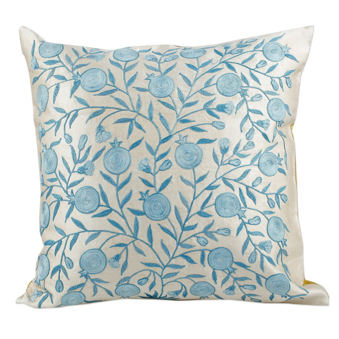 Embroidered Pomegranate-Themed Blue Silk Cushion Cover - Celestial Omen