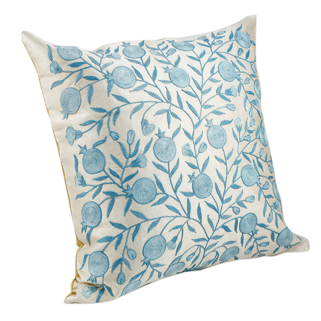 Embroidered Pomegranate-Themed Blue Silk Cushion Cover - Celestial Omen