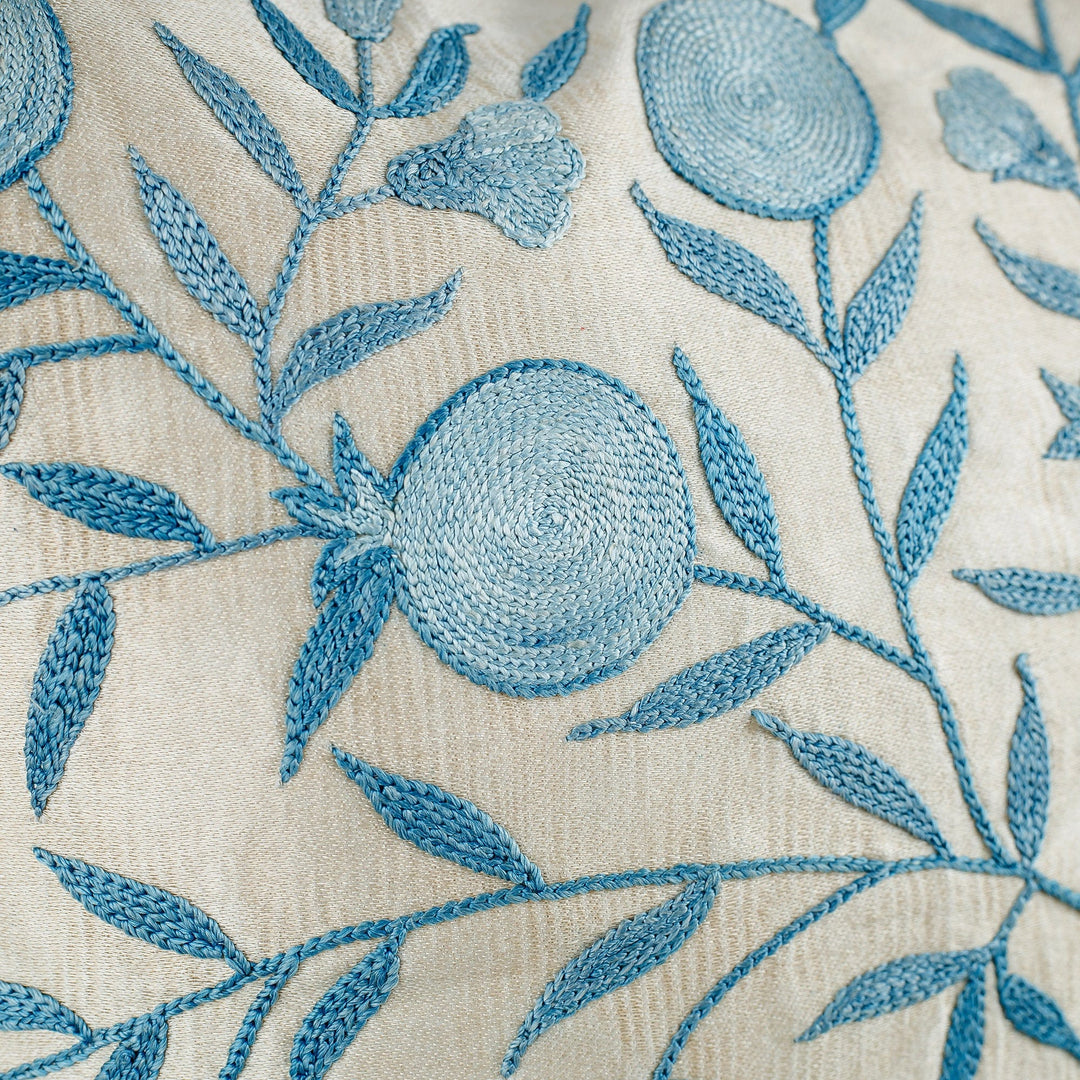Embroidered Pomegranate-Themed Blue Silk Cushion Cover - Celestial Omen
