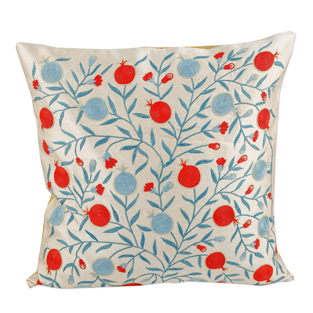 Pomegranate-Themed Blue and Red Silk Blend Cushion Cover - Majestic Omen