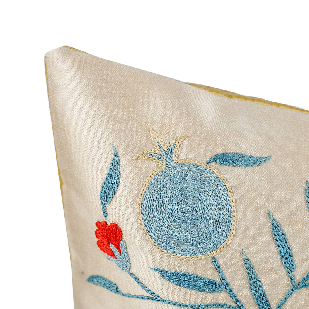Pomegranate-Themed Blue and Red Silk Blend Cushion Cover - Majestic Omen