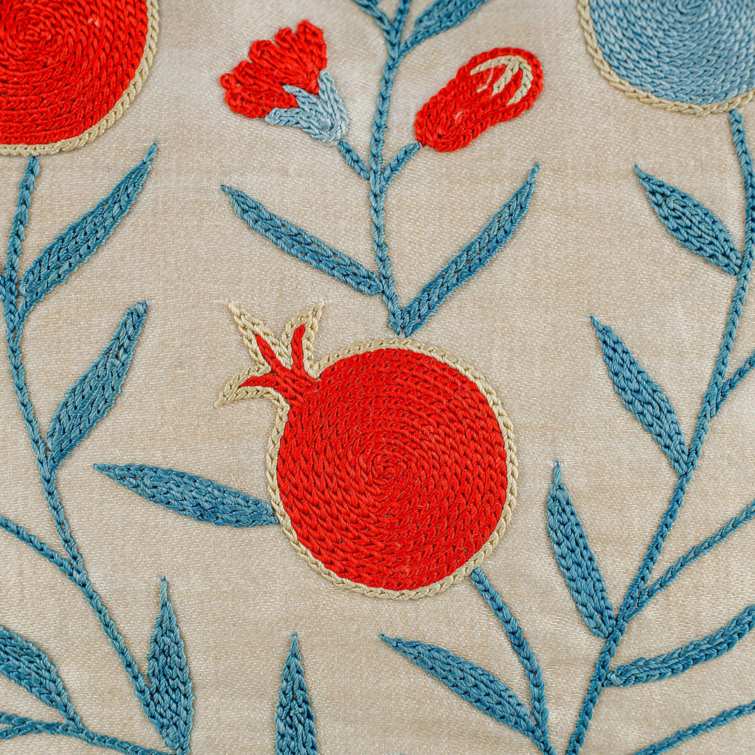 Pomegranate-Themed Blue and Red Silk Blend Cushion Cover - Majestic Omen