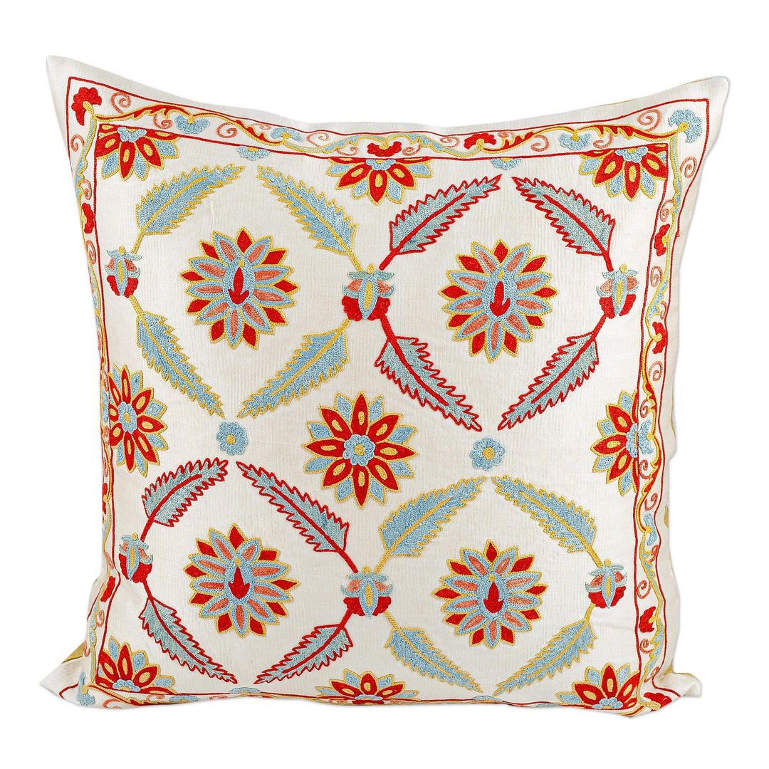 Suzani Embroidered Leafy and Floral Silk Blend Cushion Cover - Nature's Grandeur