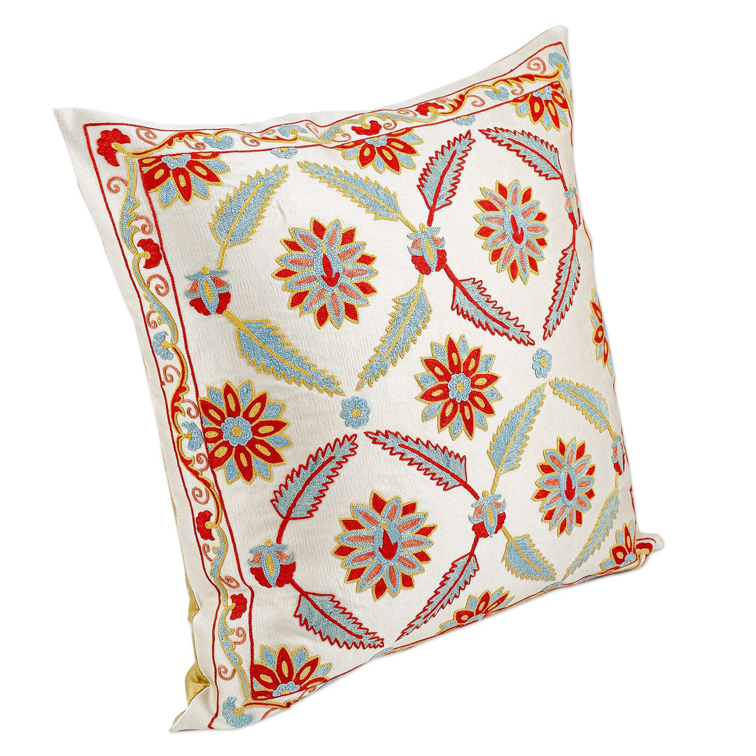 Suzani Embroidered Leafy and Floral Silk Blend Cushion Cover - Nature's Grandeur