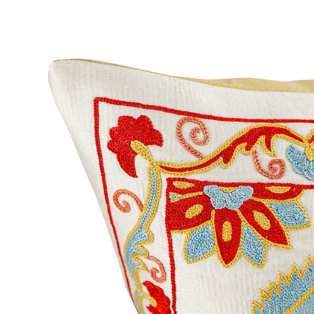 Suzani Embroidered Leafy and Floral Silk Blend Cushion Cover - Nature's Grandeur