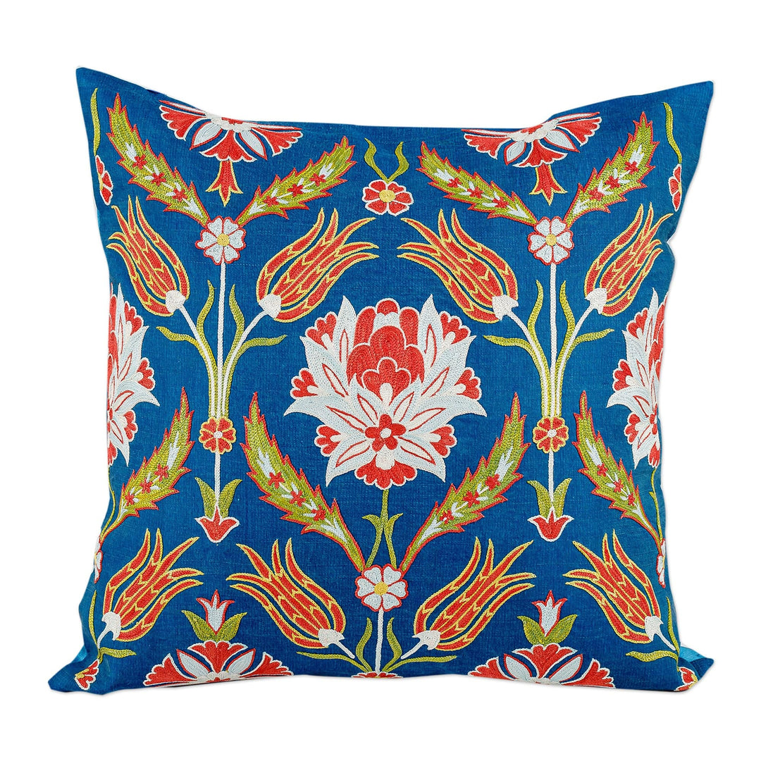Classic Floral Embroidered Blue Silk Blend Cushion Cover - Imperial Spring