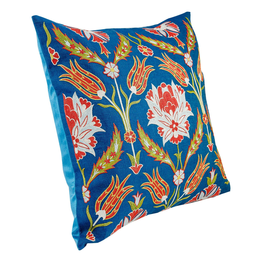 Classic Floral Embroidered Blue Silk Blend Cushion Cover - Imperial Spring