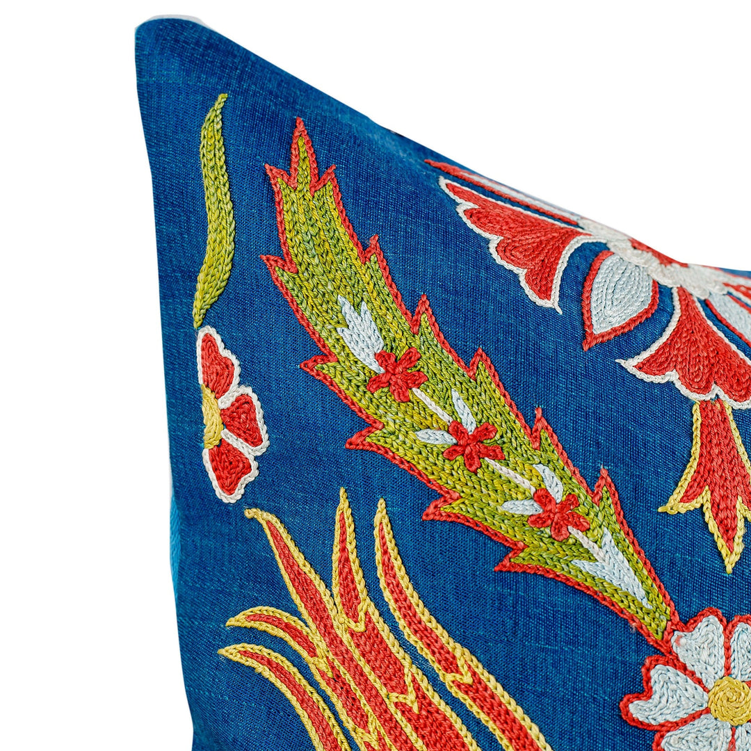 Classic Floral Embroidered Blue Silk Blend Cushion Cover - Imperial Spring