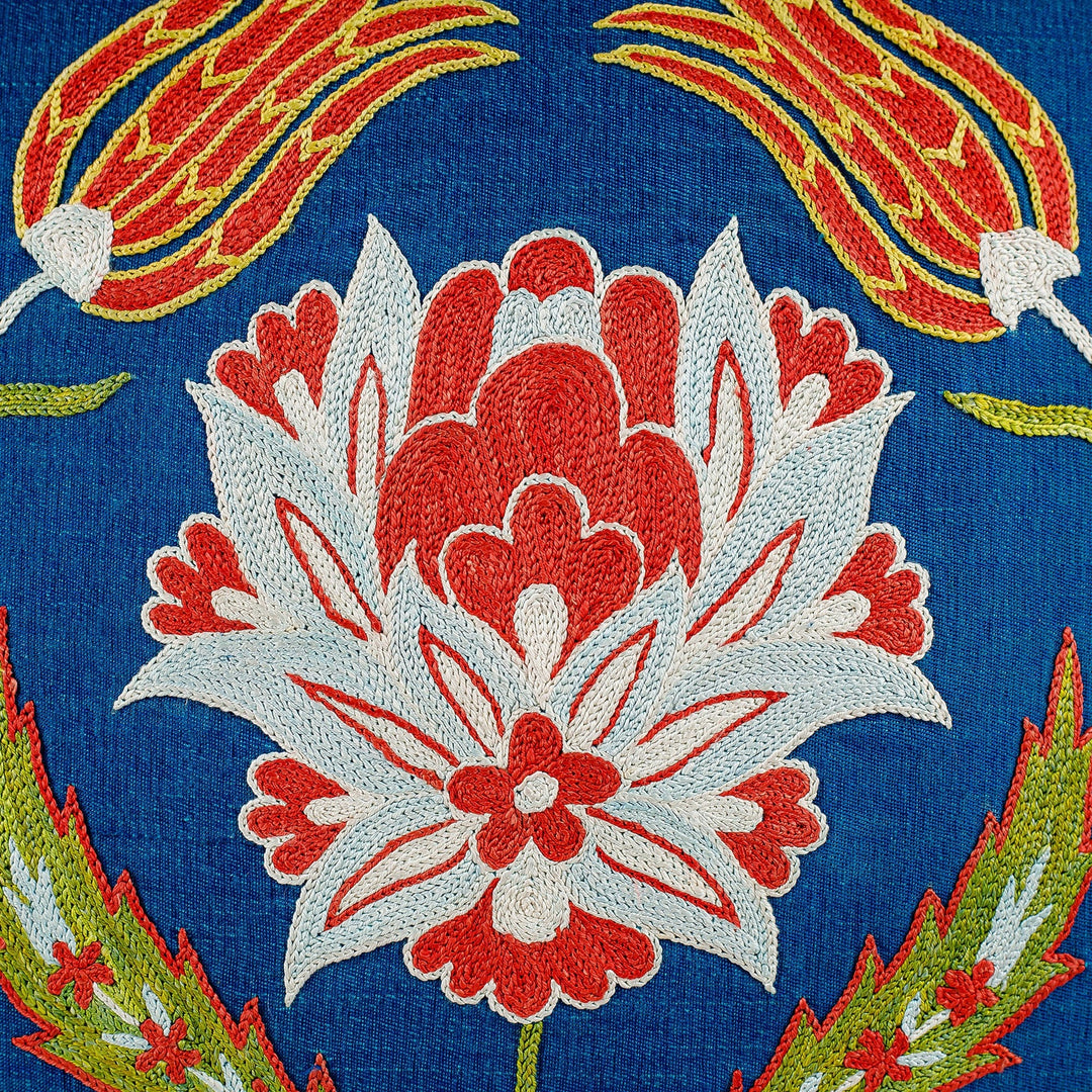 Classic Floral Embroidered Blue Silk Blend Cushion Cover - Imperial Spring
